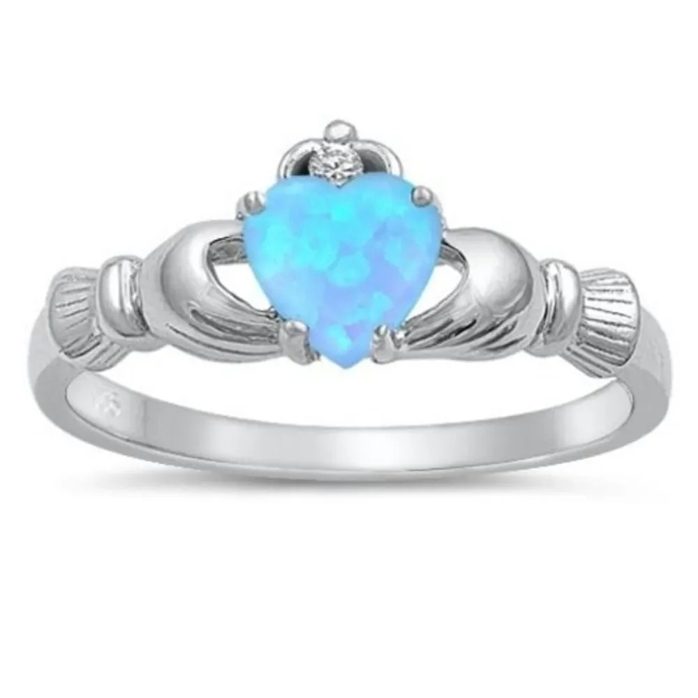 Blue Lab Opal Claddagh Finger Ring Sterling Silver